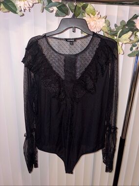 Express Black Sheer Lace Ruffle Bodysuit